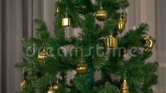 绿色杉树与金色装饰旋转为庆祝圣诞及新年快乐而制作的贺卡视频的预览图