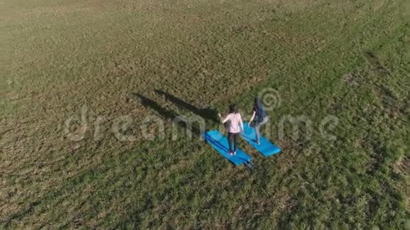 两个女孩在地垫上伸展空中全景视频的预览图