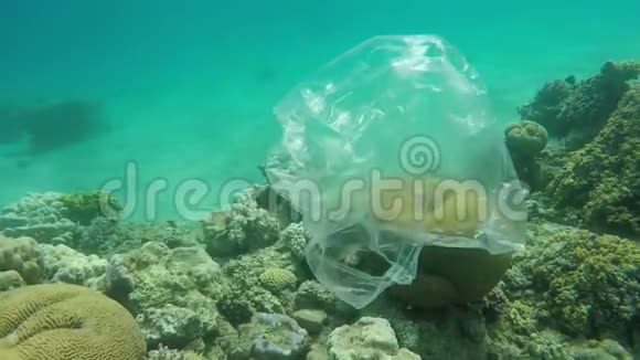 垃圾塑料袋漂浮在红海的珊瑚礁上视频的预览图
