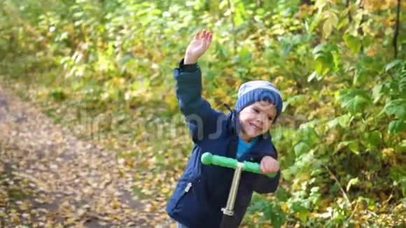 秋天公园的孩子玩得开心笑得开心在新鲜的空气中散步一个美丽的风景胜地视频的预览图
