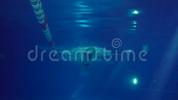 美丽的专业游泳运动员在游泳池里做蝶泳动作从水下慢动作拍摄视频的预览图