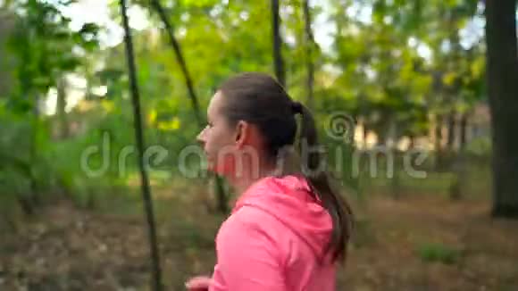 日落时分一个女人穿过一个秋天的公园从后面看视频的预览图