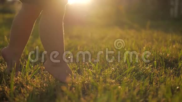 小宝宝学会走路动作缓慢孩子们在日落时在绿草上做第一步快关门视频的预览图