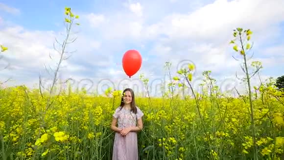 女孩站在田野在天空中释放气球视频的预览图