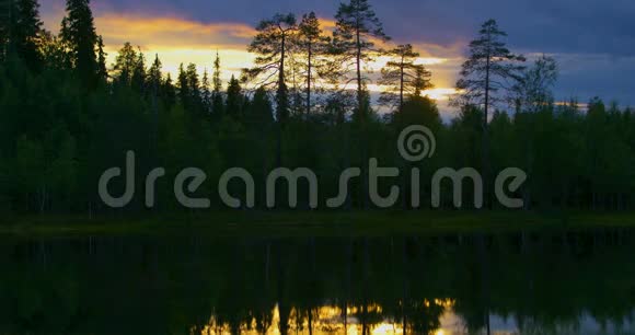 芬兰森林一个湖上美丽的日落视频的预览图