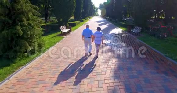 高层夫妇在公园散步的空中镜头视频的预览图