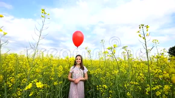 快乐的小女孩在白天在路上玩耍她站在田野里手里拿着手提箱和气球视频的预览图