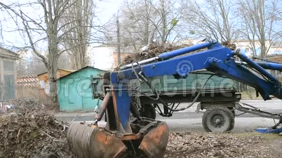 清扫城市街道上干枯的树枝和草地视频的预览图