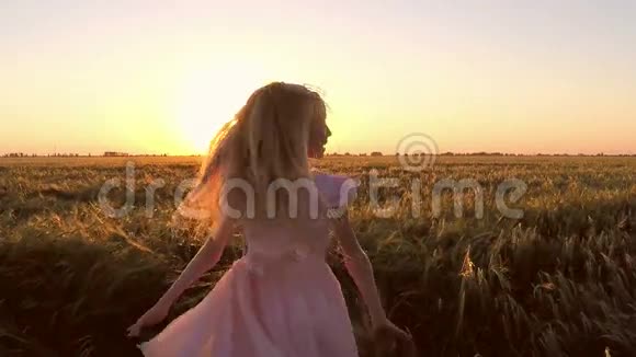 日落时分女孩在田野里转视频的预览图