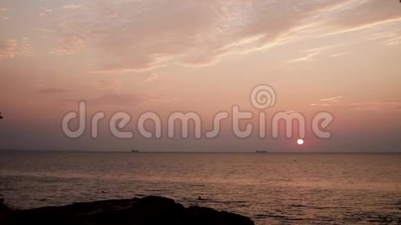美丽的金色夕阳日出海面上完全平静飞翔的海鸥视频的预览图