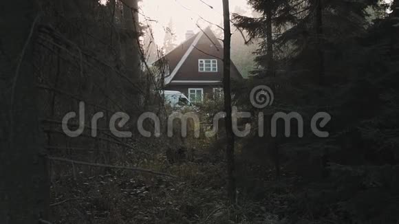 树林深处的小木屋温暖的灯光视频的预览图