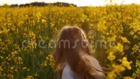 日落时跑过田野的女孩慢动作视频的预览图