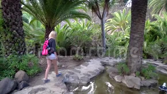 女人在热带公园散步视频的预览图