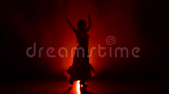 阿根廷弗拉门戈的女孩舞从后面发光烟雾背景剪影慢动作视频的预览图
