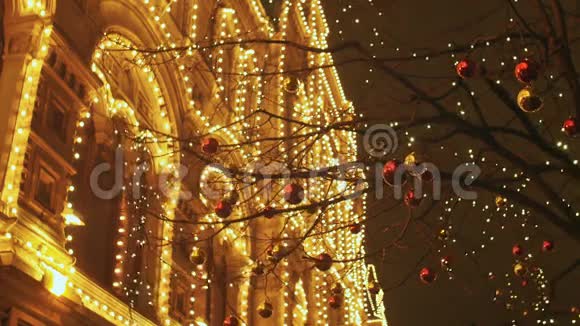 城市的行道树以新年为装饰圣诞玩具则以晚为背景视频的预览图
