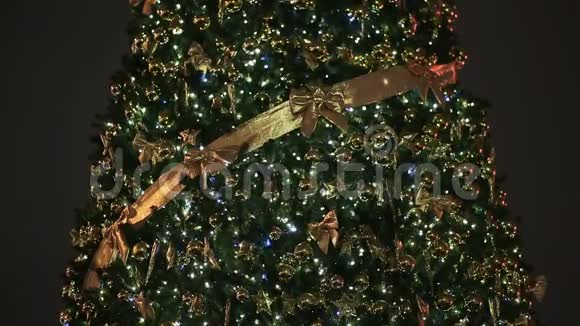 一棵宏伟的圣诞树夜晚在莫斯科的城市广场上闪烁灯光和圣诞装饰关闭视频的预览图