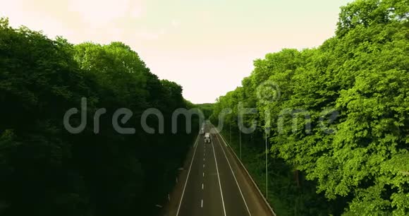 空中景色随着汽车的移动飞越公路那穿过车道的绿色森林汽车沿林路行驶汽车轮胎视频的预览图