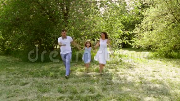 幸福的一家人在美丽的公园里奔跑彼此牵手视频的预览图