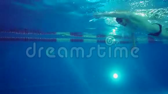 在水下观看专业游泳运动员在游泳池中游泳爬行到达墙壁并做一个翻转动作视频的预览图