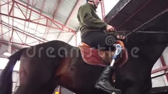 在特殊的机库里一个年轻的残疾人学会骑一匹黑色的纯种马嬉皮士疗法人有人造的视频的预览图