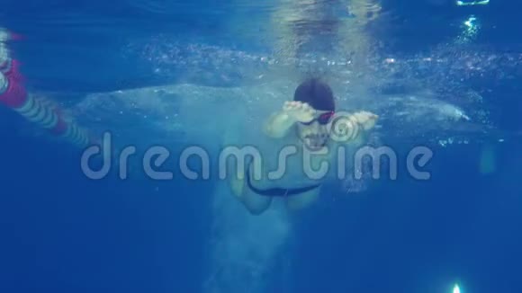 美丽的专业游泳运动员在游泳池里做蝶泳动作从水下慢动作拍摄视频的预览图