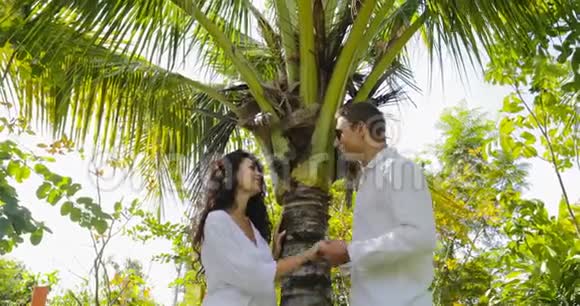 情侣站在棕榈树下亲吻热带花园欢乐男人和女人户外视频的预览图