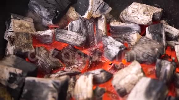 烧烤炉烧烤炉内火烧烤木炭喷火的电视画面烧炭煮烧烤食品关闭视频的预览图