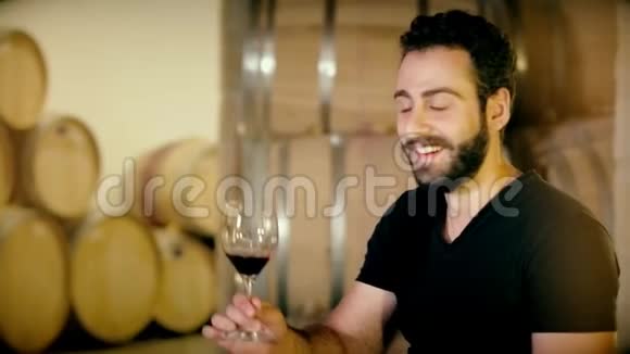 男士侍酒师在背景的老窖里用酒杯嗅着红酒的香气视频的预览图