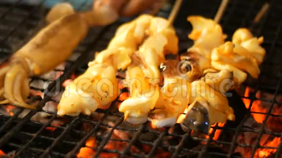 夜市芭堤雅宗甸鱿鱼烤在烤架上泰国菜市场上的亚洲异国菜肴视频的预览图