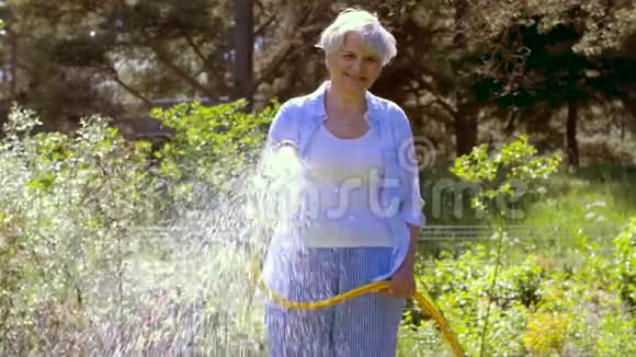 在花园里用水管浇灌草坪的老妇人视频的预览图