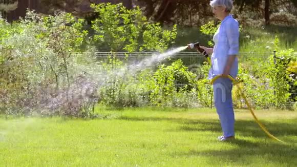 在花园里用水管浇灌草坪的老妇人视频的预览图