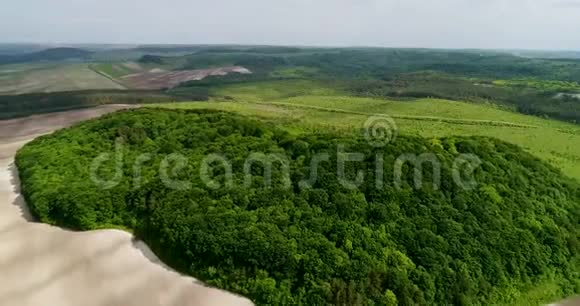 美丽的空间景观田野上神秘的绿树岛的鸟瞰图视频的预览图