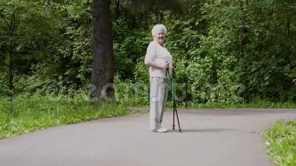 奶奶拿着棍子在公园里散步让北欧人在退休时散步视频的预览图