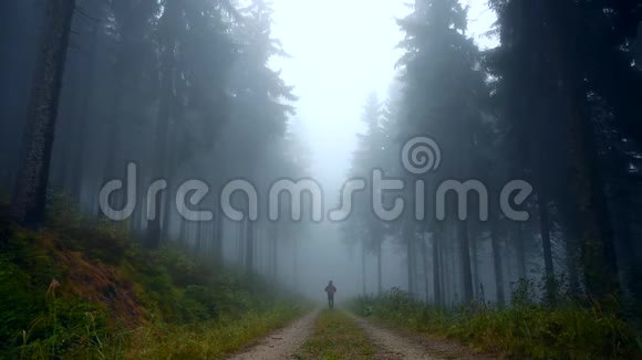 一个年轻人在雾蒙蒙的早晨走在路上视频的预览图