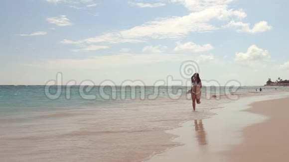 穿比基尼享受热带海洋和异国风情海滩的快乐性感女人视频的预览图