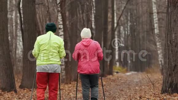 户外老年妇女北欧步行两位高级女士接受户外后景训练视频的预览图
