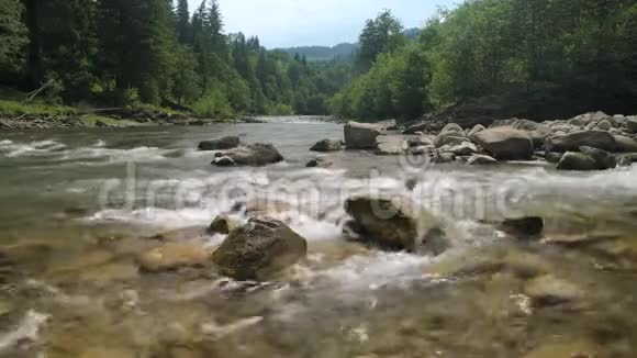 美丽的风景山河在夏季的一天黑谢尔莫什乌克兰快速流动的水和岩石视频的预览图