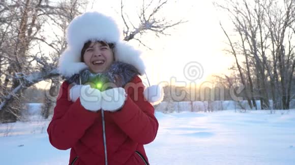 快乐的女孩在日落时吹雪花在冬天的公园里微笑小女孩用手吹雪花视频的预览图