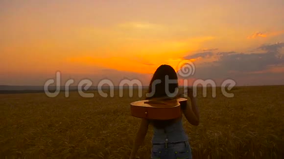 女孩带着吉他在田野里看日落女人在麦田里看太阳视频的预览图