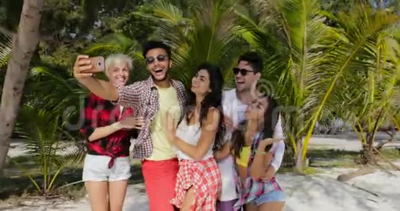 沙滩上的人小组在手机上拍照快乐的男女游客交流视频的预览图