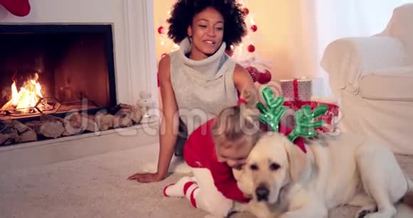 妈妈和女儿穿毛衣玩宠物狗视频的预览图