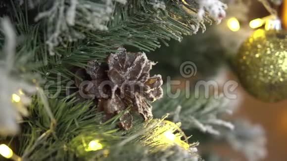 挂在杉树上的松果和圣诞球视频的预览图