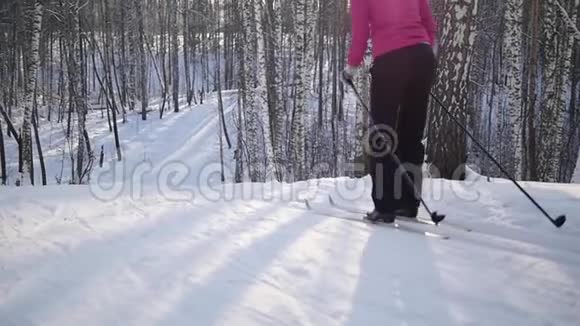晴天越野滑雪在公园的山上视频的预览图