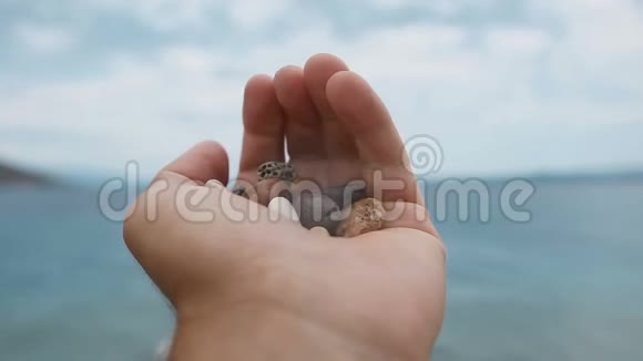 男人手拿着彩色的小石头靠在蓝色的海滩上大海海浪视频的预览图