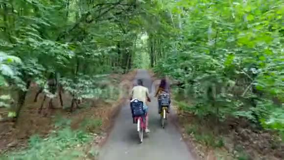 家人父亲母亲穿着一件连衣裙带着一篮子花和孩子们一起骑自行车在森林里视频的预览图