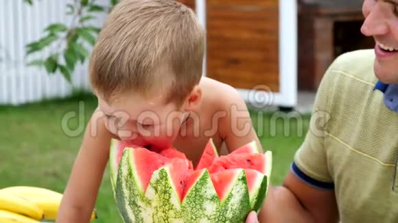 夏天在花园里爸爸和一个四岁的儿子切了一个西瓜吃了它玩得开心一个男孩喜欢西瓜视频的预览图