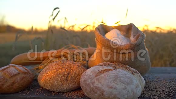 日落时麦田里的面包面粉小麦谷物的背景食物背景收获视频的预览图