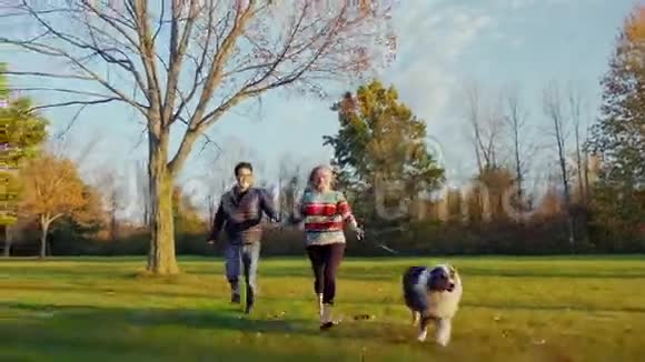 和你心爱的狗玩得开心年轻的多种族夫妇在公园里奔跑视频的预览图