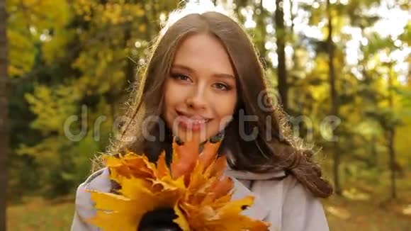 微笑的女孩充满了欲望带着一束黄叶在公园里等着她的心上人视频的预览图