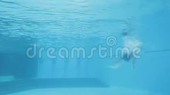 穿着白色比基尼的快乐女孩潜入水下像海豚一样游泳视频的预览图